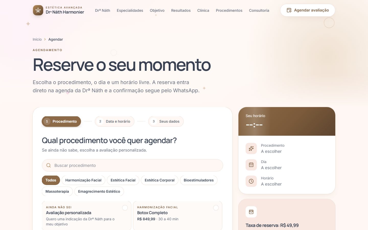Agenda online com escolha de procedimento, dia e horário livre
