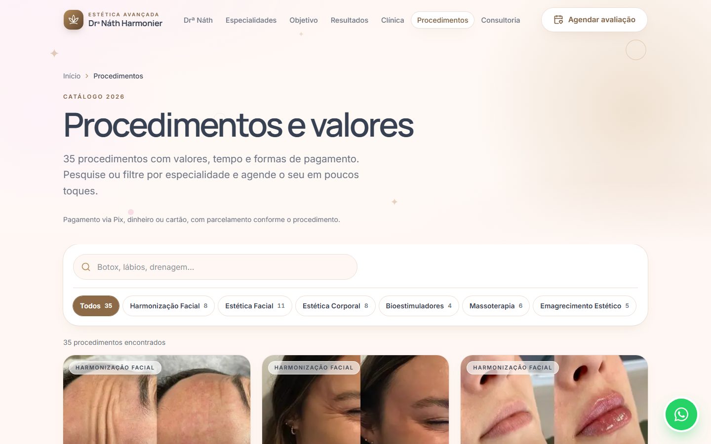 Catálogo de procedimentos com busca e filtros por especialidade e valor