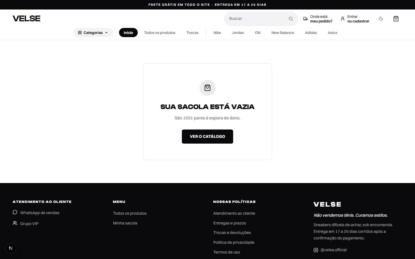 Sacola de compras antes do checkout